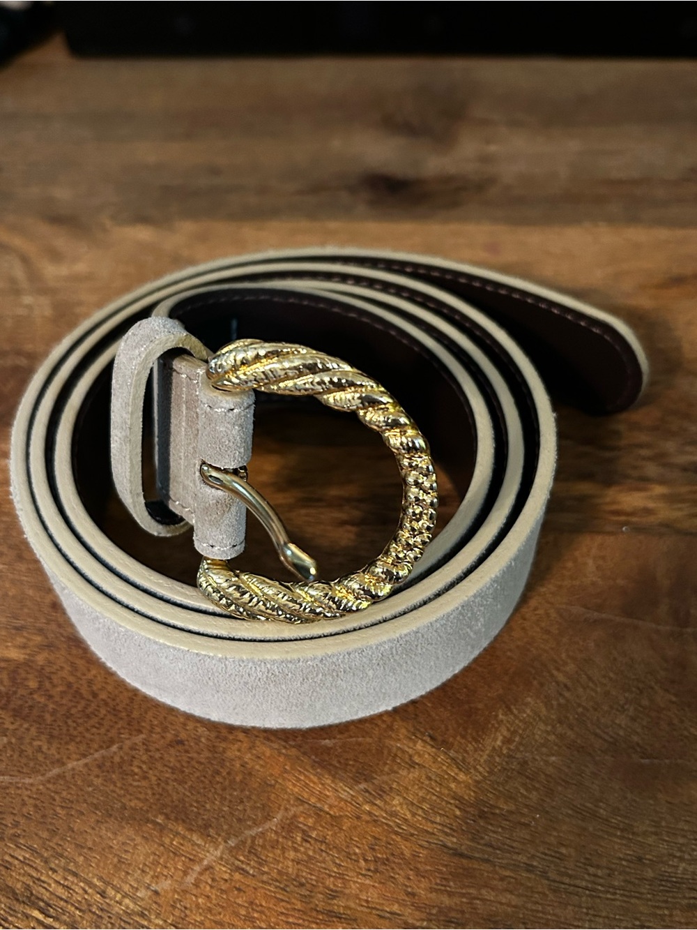 Sezane Thelma Suede Belt with Gold Twisted Buckle - Sandstone